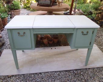 Vintage Schminktisch Schreibtisch Kosmetiktisch Schneidertisch Mid Century Rosen Shabby Weiß Grün Brocante Landhaus