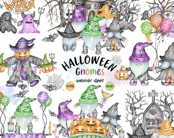 Clipart di gnomi di Halloween dell'acquerello, clipart di gnomi dipinti, felice Halloween Png, decorazioni di Halloween, gnomo Png, grafica Png, gnomi di Halloween