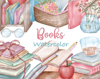 Book Watercolor Clipart, Back to School Clipart, Png, School supplies, Sticker, Teacher Stickers, Watercolor Books, Books Clipart Png,