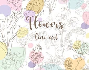 Blumen Linie Kunst, Linie Kunst Wildblumen Clipart, svg, png, Hochzeitseinladung, Blumen Clip Art, handgezeichnete Blumen, botanische Hand gezeichnet