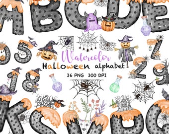 Aquarell Halloween Alphabet Cliparts, Alphabet Cliparts, Alphabet PNG, Zahl, Aquarell Alphabet, Halloweenparty, Halloweendekor, Schriftart