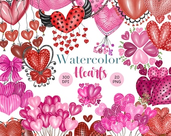 May include: A collection of 20 watercolor hearts in various colors and designs, including red, pink, and white. The hearts are decorated with polka dots, stripes, lace, and other patterns. The text "Watercolor Hearts" is written in blue and white letters. The text "300 DPI" and "20 PNG" is also included.