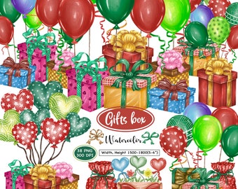 May include: A watercolor illustration of a set of 38 gift boxes and balloons. The gift boxes are decorated with ribbons and bows in various colors, including red, green, blue, and yellow. The balloons are also in various colors, including red, green, blue, and purple. The illustration is perfect for use in scrapbooking, card making, and other craft projects.