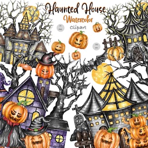 Watercolor Haunted House, Halloween House Clipart, Halloween Clipart, Watercolor Pumpkin, Watercolor Halloween House, Halloween decor, Png