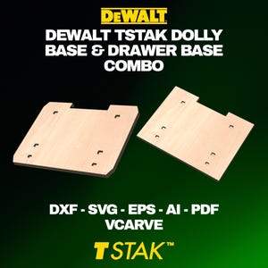 Może przedstawiać: Obraz dwóch drewnianych podstaw do systemu przechowywania narzędzi. Podstawy są jasnobrązowe z wycięciami i otworami. Tekst na obrazie brzmi "DEWALT TSTAK DOLLY BASE & DRAWER BASE COMBO" i "TSTAK".