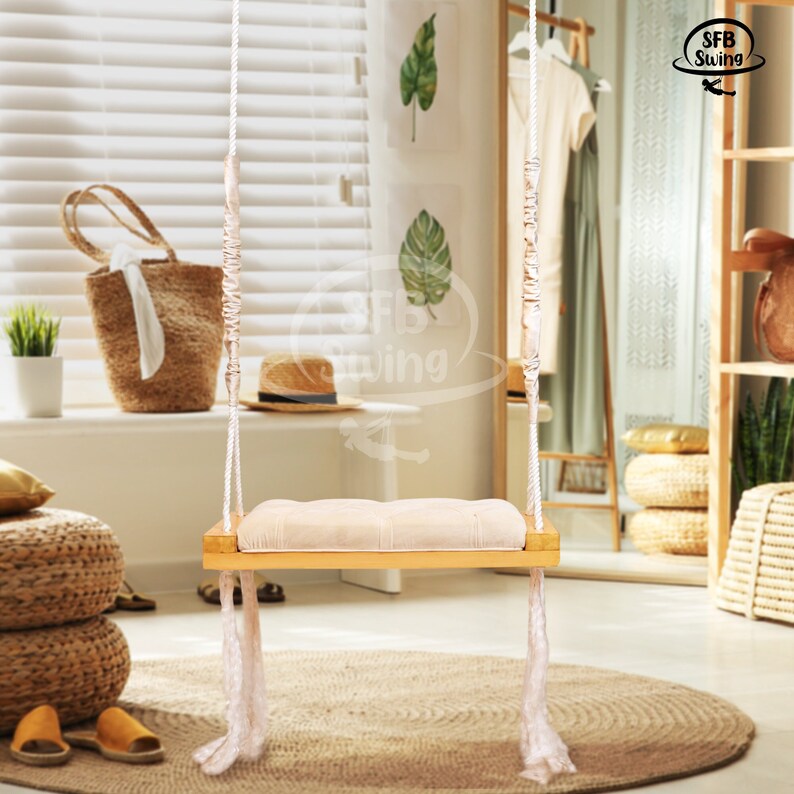 Indoor Swing With Comfortable Cushion Seat | Baby and Adult Wood Indoor Swing With Comfortable Cushion Seat | Baby and Adult Wood