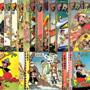 May include: A collection of vintage comic books featuring a cartoon character named Frisky. The comics are in various colors, including red, blue, green, and yellow. The covers feature illustrations of Frisky in different situations, such as riding a train, playing with a toy, and celebrating Christmas. The text on the covers includes the title "Frisky Fables" and the year 1944.