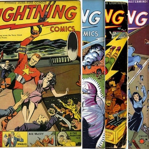May include: A set of five vintage comic books featuring a superhero called Lightning. The covers are colourful and feature action-packed scenes. The comic books are titled "Lightning Comics" and "Lightning".