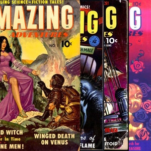 Puede incluir: Una colección de cinco cómics de ciencia ficción vintage. Las portadas presentan ilustraciones coloridas de naves espaciales, extraterrestres y mujeres con atuendos futuristas. Los títulos de los cómics son "Amazing Adventures", "Gig" y "Gig Bes".