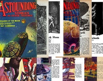May include: A collage of vintage science fiction magazine covers featuring illustrations of spaceships, robots, and futuristic cities. The covers are in various shades of blue, red, and green.