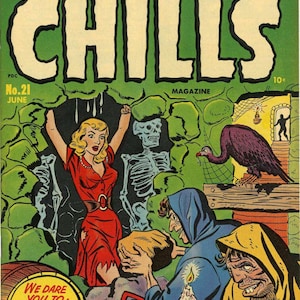Puede incluir: Una portada de cómic vintage que muestra a una mujer con un vestido rojo entrando en una cueva oscura con un esqueleto y un buitre. La portada es verde y amarilla con el título "Chamber of Chills" y el texto "We Dare You To: ... Open the Mysterious Door! ... Step into the Chamber of Chills! ... See a World of Horror!"