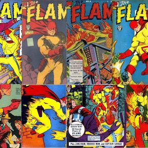 Puede incluir: Un collage de portadas de cómics con un superhéroe llamado "The Flame". Las portadas son de diferentes números y muestran al superhéroe en varias poses, incluyendo volando, luchando y de pie con una expresión decidida. Las portadas son de estilo vintage con colores brillantes y letras en negrita.