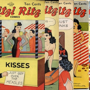 May include: A vintage comic book cover featuring a woman in a red dress and the title "Fritzi Ritz Comics". The cover also includes the text "No. 3" and "Ten Cents".