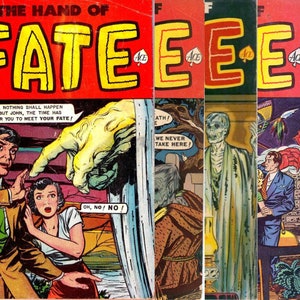 Puede incluir: Una portada de cómic vintage que presenta una gran mano que sale de una puerta con el texto "The Hand of Fate" y "Ace" en la esquina. La portada del cómic es de color rojo, amarillo y azul.
