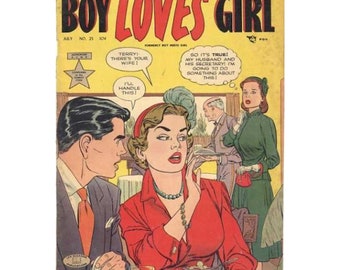 May include: A vintage comic book cover featuring a man and woman in a restaurant setting. The cover is yellow with red and black text that reads "Boy Loves Girl". The text "TRUE SECRETS OF LOVE AND ROMANCE" is printed in black at the top of the cover. The woman is wearing a red dress and a blue hat. The man is wearing a suit and tie. The comic book is from July 1954.