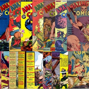 May include: A collection of vintage comic books featuring the Amazing-Man. The covers are colorful and feature illustrations of the superhero in action. The comic books are titled "Amazing-Man Comics" and feature titles like "The Shark", "Iron Skull", and "Mighty Man".