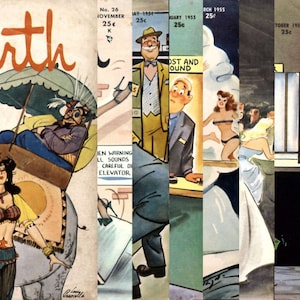May include: A collage of vintage magazine covers featuring illustrations of people and animals. The covers are from the 1950s and feature the title "Mirth" and the price "25c".