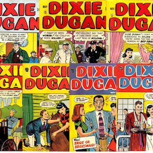 May include: A collection of six vintage comic books featuring the character Dixie Dugan. The covers are in various colours, including red, yellow, blue, and green. The comic books are from the 1950s and feature illustrations of the character Dixie Dugan in different situations.