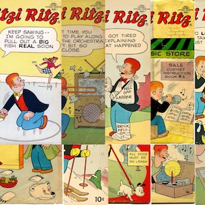 May include: A comic book cover featuring a red-haired boy in various situations. The cover is yellow with red and black text that reads "Fritzi Ritz!" and "No. 27". The boy is seen fishing, playing music, skiing, and walking a dog. The comic book costs 10 pence.