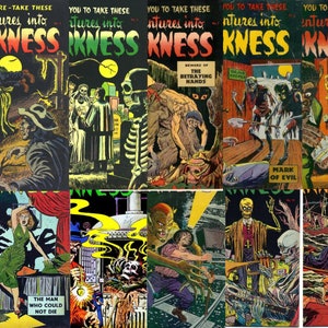 Puede incluir: Un collage de portadas de cómics de terror vintage con ilustraciones de monstruos, esqueletos y escenas espeluznantes. Las portadas se titulan "Adventures into Darkness" y presentan una variedad de personajes y escenarios espeluznantes.