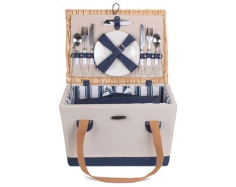 Luxury Engagement Gift 2 Person Nautical Picnic Basket Hamper with China Plates, Cooler Bag & Picnic Bag