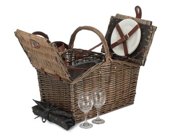Rustic Picnic Basket Set with Wood Effect Cutlery Stylish 2 Person Hamper