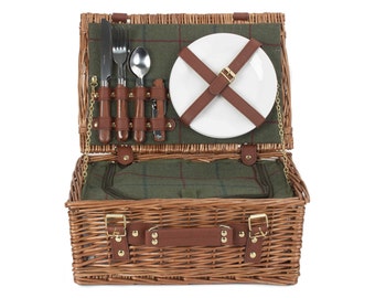 Ideal Birthday Gift Antique Wash Finish Willow Picnic Basket for Two Lined with Green Check Tweed