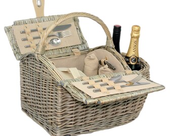 2 Person Boat Hamper Fitted Hamper Wicker Picnic Basket Ideal Wedding Gift Full antique Wash Finish Willow with Stainless Steel Cutlery