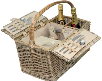 Luxury Wedding Gift Antique Wash Lidded 2 Person Hamper Fitted Hamper Wicker Picnic Basket