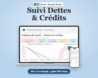 Suivi Dettes et Crédits Français Excel + Google Sheets | Plan de Remboursement Boule de Neige, Avalanche | Tableau de Bord, 2 Thèmes