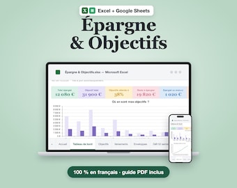 Suivi Épargne Français Excel + Google Sheets | Objectifs d'Épargne, Enveloppes Budget, Défi 52 Semaines | Tableau de Bord, 2 Thèmes