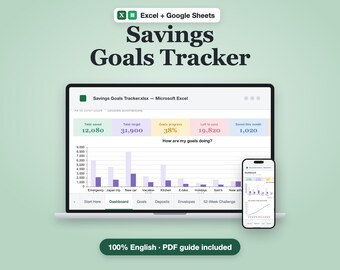 Savings Goals Tracker Excel & Google Sheets | Savings Planner, Budget Envelopes, 52 Week Challenge | Sinking Funds Spreadsheet Dashboard