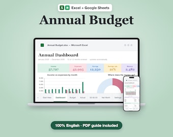 Annual Budget Spreadsheet Excel & Google Sheets | 12-Month Budget Planner, 50/30/20 Rule, Net Worth Tracker | Household Budget Template