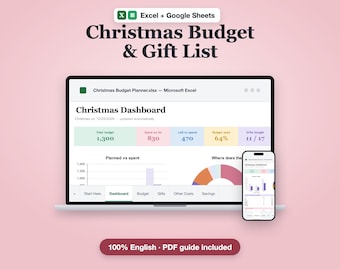 Christmas Budget Planner Excel & Google Sheets | Gift List Tracker, Holiday Spending, Savings Pot, Christmas Countdown, 2 Themes