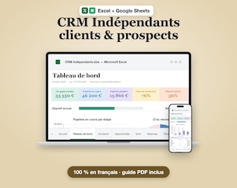 CRM Excel + Google Sheets en Français | Suivi Clients et Prospects, Pipeline Commercial, Relances Automatiques | Freelance, Indépendant