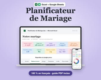 Planificateur Mariage Français Excel + Google Sheets | Budget, Liste Invités, Plan de Table, Rétroplanning 60 Tâches | Organisation Mariage