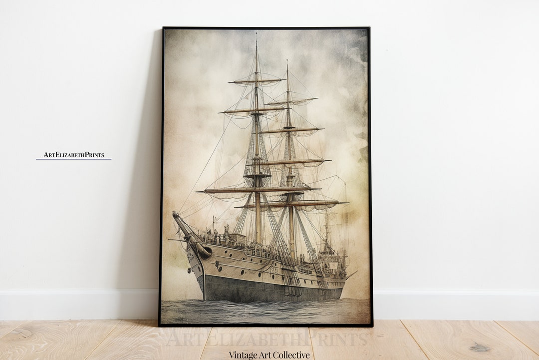 PRINTABLE Wooden Ship Painting Wall Art Downloadable Digital Etsy