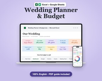 Wedding Planner & Budget Spreadsheet Excel Google Sheets | Wedding Checklist Timeline, Guest List, Seating Chart, Vendor Tracker