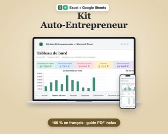 Kit Auto-Entrepreneur Excel + Google Sheets | Livre de Recettes, Dépenses, Estimation des Cotisations, Suivi des Seuils | Micro-Entreprise