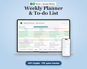 Weekly Planner & To-do List Spreadsheet Excel Google Sheets | Task Tracker, Habit Tracker, Meal Planner, Automatic Weekly Schedule