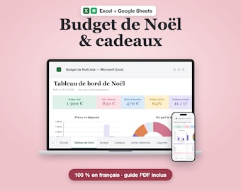 Budget Noël Français Excel + Google Sheets | Liste de Cadeaux, Suivi Dépenses de Fêtes, Cagnotte | Planificateur de Noël 2026, 2 Thèmes