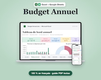 Budget Annuel Français Excel + Google Sheets | Tableau de Bord 12 Mois, Règle 50/30/20, Valeur Nette | Budget Familial 2026, 2 Thèmes