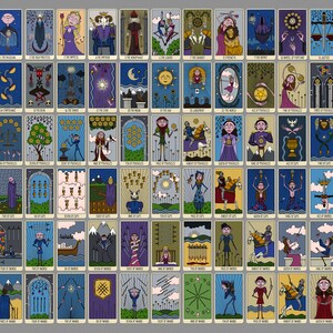 May include: A complete set of 78 tarot cards arranged in a grid, featuring stylized, colorful illustrations of figures, symbols, and landscapes. Each card includes a distinct title at the bottom, such as The Fool, The Magician, and various suits.
