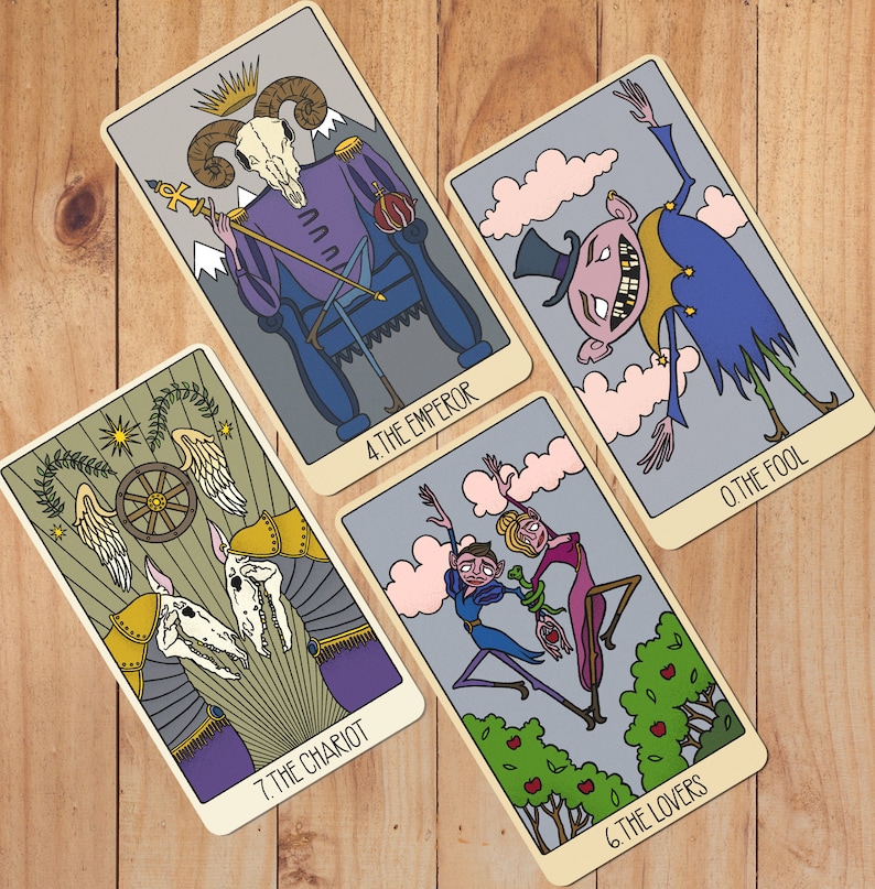 May include: Four tarot cards featuring stylized illustrations: The Emperor with a ram skull, The Fool in a top hat, The Chariot with two skeletal creatures, and The Lovers with two figures. Each card displays its name and number in black text.