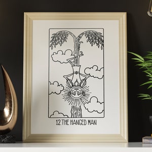 Tarot Greater Secrets: The Hanged Man Wall Print, Tarot Card Art, noir et blanc N&B