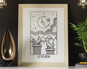 Greater Secrets Tarot: The Moon Wall Print, Tarot Card Art, B&W Black and White