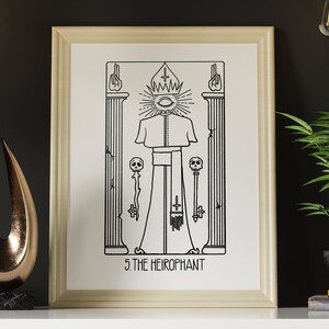 Tarô dos Segredos Maiores: O Heirofante (O Papa, O Sumo Sacerdote) Impressão de parede, arte de cartas de tarô, preto e branco e branco