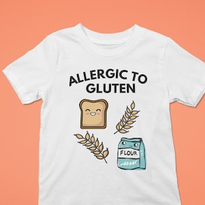 Camiseta infantil sin gluten, camiseta gráfica para niños con alergia alimentaria, camisetas para alergia al trigo, camisetas para niños pequeños con alergia, monos para bebés con alergia