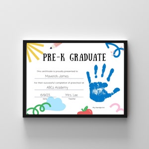 Certificado de graduación preescolar / Huella manual / Signo imprimible 8X10 / Certificado de reconocimiento / Certificado de graduación / Plantilla Prek Grad J24