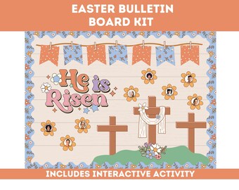 Resurrection Easter Bulletin Board Kit | Classroom Decor Church Board Printable | Retro Easter Door Decor | Pastel Theme| Photo Template